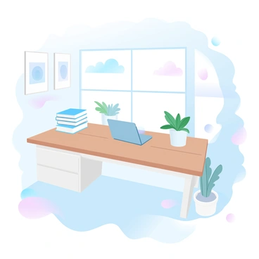 A clean desk made of light wood is positioned against a wall. On the desk, there is a neatly arranged stack of books beside a sleek laptop. The wall above the desk is adorned with calming art pieces in soft colors, including abstract shapes and gentle landscapes. A large window behind the desk allows abundant natural light to pour in, illuminating the space and casting soft shadows on the floor. A few potted plants are placed on the windowsill, adding a touch of greenery to the environment.
