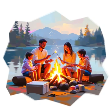 A family of four is gathered around a crackling campfire, their faces illuminated by the warm, flickering flames. The parents, a father with dark hair and a mother with light brown hair, are smiling as they roast marshmallows on sticks. Two children, one boy and one girl, are sitting on logs, eagerly watching the marshmallows turn golden brown. The background features a scenic lake shimmering under the evening sky, surrounded by tall pine trees and soft hills. Fishing gear, including a couple of rods and a cooler, is scattered nearby, indicating a successful day of fishing. A few fireflies can be seen dancing in the air, adding to the charm of the moment.