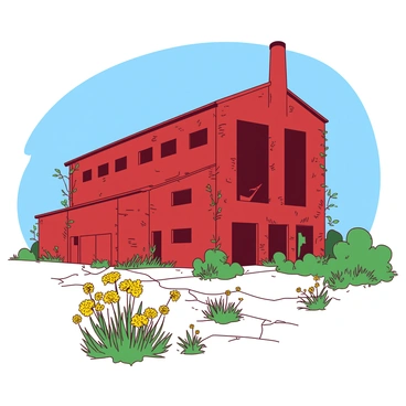 A red old factory with broken windows is standing tall amidst a landscape of overgrown weeds and wildflowers. The factory's brick walls are chipped and peeling, revealing a weathered texture. Weeds are climbing up the sides of the factory, while some patches of grass are pushing through the cracked concrete ground. In the foreground, a cluster of vibrant yellow wildflowers can be seen, adding a touch of color to the scene. The sky above is a clear blue, contrasting with the red of the factory and the greenery surrounding it.