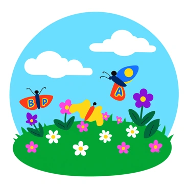 A group of butterflies with wings patterned like the letters "A," "B," and "C" is fluttering in a colorful meadow. The butterflies display vibrant colors, with "A" in bright blue, "B" in sunny yellow, and "C" in rich crimson. The meadow is filled with various wildflowers in shades of pink, purple, and white, swaying gently in the breeze. Green grass surrounds the flowers, providing a lush backdrop for the butterflies' graceful movements. The sky above is a vivid blue with fluffy white clouds scattered throughout.