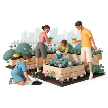 A group of community members, consisting of three women and two men, are working together in a vibrant urban garden filled with colorful flowers and various vegetables. One woman, wearing a blue shirt and denim overalls, is kneeling and planting seedlings into the soil with a small trowel. Another woman, dressed in a green tank top and black shorts, is watering the plants with a watering can, while a man in a red shirt and gray pants is using gardening gloves to pull out weeds. The second man, wearing a yellow shirt and beige shorts, is holding a basket filled with freshly picked vegetables. In the background, the urban skyline is visible, along with wooden raised beds and a wooden fence surrounding the garden. Bright sunlight casts cheerful shadows across the scene.