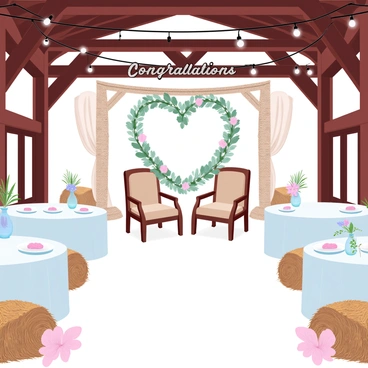 A rustic barn interior with wooden beams and hay bales placed around. String lights are hanging from the ceiling, casting a warm glow. There are tables covered with white linens, each adorned with small vases of wildflowers. A "Congratulations" banner made of burlap and twine is draped across one wall. Two empty chairs with floral arrangements are positioned in front of a heart-shaped backdrop made of greenery and flowers. There are plates of appetizers on the tables, and a large cake decorated with fresh flowers is displayed prominently.