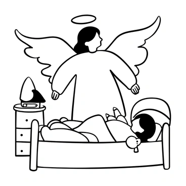 An angel with large, detailed wings stands protectively over a sleeping child nestled in a cozy bed. The angel's arms are gently outstretched, creating a shield-like formation around the child. The child's peaceful form is sunk in soft blankets, surrounded by a few plush toys. A soft glow emanates from the angel, highlighting the delicate features of the wings and the serene environment of the bedroom. A small nightstand with a glowing lamp and a book lies nearby, contributing to the tranquil scene.