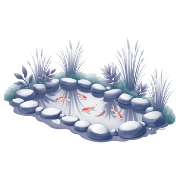 A koi pond nestled within a natural setting. The water's surface reflects the surrounding environment, which features several koi fish swimming gracefully. The pond is bordered by smooth, round stones arranged along its edge. Various types of lush greenery, including tall grasses and leafy plants, surround the pond, creating a sense of abundance. The scene captures a peaceful and harmonious atmosphere, emphasizing the connection between the water, stones, and vegetation.