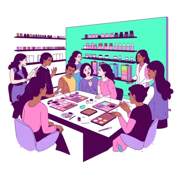 A vibrant scene inside a Sephora store, where a group of participants is gathered around a large table filled with various makeup products. The participants, of diverse backgrounds, are attentively focused on a makeup artist demonstrating techniques. A teal backdrop features shelves lined with colorful makeup items. Some participants are practicing on themselves using brushes and palettes, while others are observing closely, taking notes. The atmosphere is filled with excitement as everyone engages in learning new makeup skills.