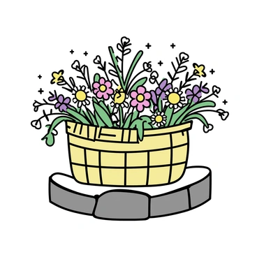 A woven basket, made of natural fibers, is overflowing with a variety of freshly picked wildflowers in vibrant colors, including yellows, purples, and whites. The basket is sitting on a rough stone wall, with the texture of the stones clearly visible, showing different shades of gray and brown. The wildflowers are spilling over the top of the basket, their stems and leaves intertwining, creating a lush and full appearance. Sunlight casts gentle shadows from the basket onto the stone surface, enhancing the scene.