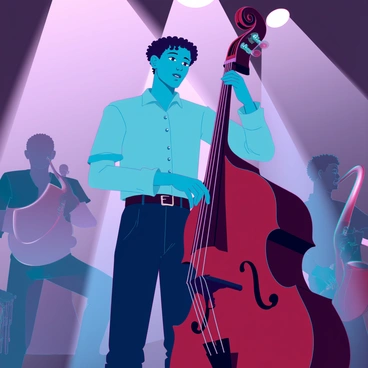 A musician with medium skin tone is playing an upright bass. He has short, textured hair and is wearing a casual button-up shirt and dark trousers. He is plucking the strings of the bass gently, focusing intensely on his instrument. The setting features a dimly lit stage, with soft, warm light casting shadows. There are jazz instruments like a saxophone and a trumpet nearby, suggesting a cozy jazz session atmosphere. In the background, silhouettes of other musicians can be seen, creating a sense of depth and interaction in the scene.