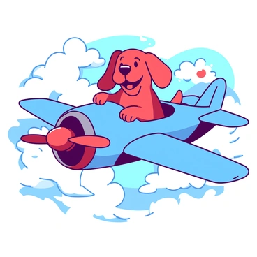 A cartoon dog flying an airplane through fluffy clouds