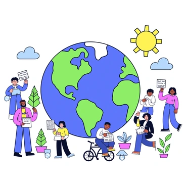 An illustration of a melting Earth with visible drips of water cascading from its surface. The Earth is depicted in vibrant blue and green colors to highlight the continents, contrasting with the melting sections. Surrounding the Earth are diverse groups of people taking various actions. Some are holding up signs with messages about climate change, while others are planting trees in the ground. A few individuals are seen recycling items, and some are riding bicycles. The background includes a bright sun and fluffy clouds, adding a lively atmosphere to the scene.