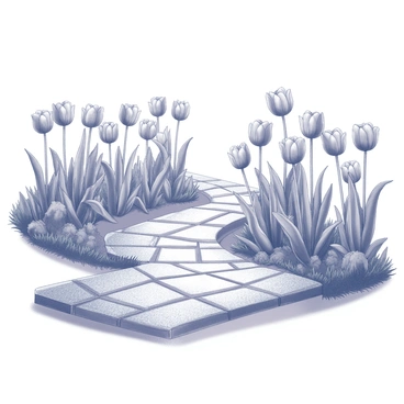 A garden pathway that winds gently through a well-tended landscape. On both sides of the pathway, there are numerous tulips in full bloom, showcasing their distinct shapes and delicate petals. The pathway itself is made of cobblestones, with a slight uneven texture. Surrounding the garden, there are lush green grasses and well-pruned hedges. The scene is tranquil, inviting one to take a leisurely stroll through the vibrant blooms.
