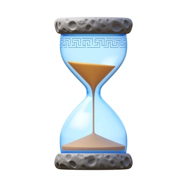 An hourglass with a stone base and hieroglyphs etched on the glass