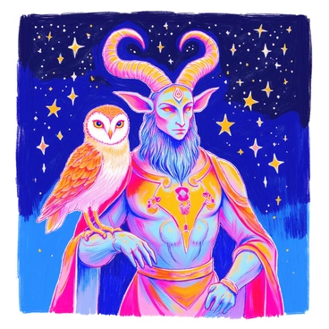 A figure of "Baphomet" stands confidently, its horns curving majestically above its head. The figure is adorned with intricate details, including a pentagram on its forehead and a variety of mystical symbols etched into its body. On its left arm, a "wise owl" with large, expressive eyes and beautiful feather patterns is perched gracefully. The owl's feathers display shades of brown and white, highlighting its keen features. Above, a "starlit sky" is filled with countless sparkling stars, creating a backdrop of deep blues and blacks. The scene is illuminated subtly by the twinkling stars, casting shadows that enhance the mystical aura of the figure and its avian companion.