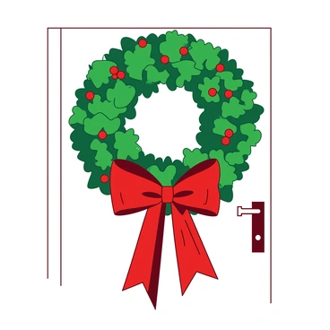A green lush holiday wreath is hanging on a white door. The wreath is adorned with bright red berries scattered throughout its foliage. At the bottom of the wreath, there is a large festive bow in a vibrant red color. The bow has wide loops that elegantly drape over the leaves and berries, creating a cheerful focal point on the door.