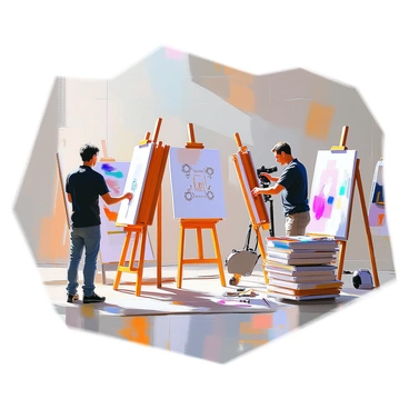 A group of behind-the-scenes crew members is actively setting up for the "V&A Illustration Awards." One crew member, with short dark hair, is arranging a row of easels, while another, wearing a black shirt, checks lighting equipment. A third crew member is carefully hanging banners displaying the award nominees on the wall. In the background, stacks of art supplies and tools are visible, along with a few canvases leaning against a nearby table. The environment is busy and organized, with various pieces of illustration artwork partially visible, creating an atmosphere of preparation and anticipation for the event.