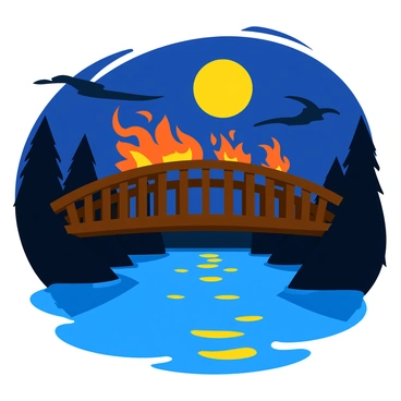 A burning bridge under a full moon, casting eerie shadows on the water