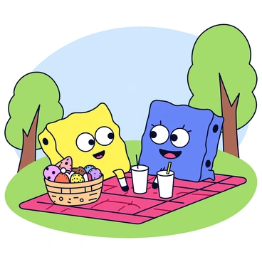 Two cartoon sponges having a picnic in a park, enjoying snacks and drinks.