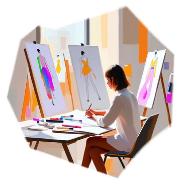 A fashion designer with medium skin and shoulder-length hair is seated at a large drawing table in a stylish studio filled with various design sketches and colorful fabric swatches. The designer is focused intently on drawing models wearing elegant clothing designs, using a pencil to create detailed illustrations on sketch paper. Sunlight streams in through large windows, illuminating the workspace while several completed fashion illustrations are pinned to the walls around the studio. Tools such as markers, rulers, and fabric samples are neatly arranged on the table, showcasing the creative environment.