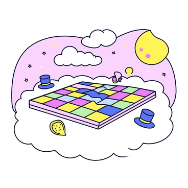 A whimsical Monopoly board with bright, colorful properties is set on a fluffy white cloud. The board features vibrant squares with playful illustrations. Surrounding the cloud are soft, pastel-colored skies with fluffy clouds drifting by. There are faint twinkling stars and a large, oversized moon in the background, adding to the dream-like atmosphere. The Monopoly pieces, such as a top hat and a thimble, are scattered across the board, creating a sense of playful chaos.