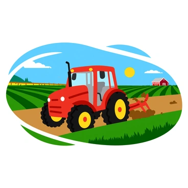 A large red tractor truck is plowing through green fields on a sunny day. The tractor has big, sturdy wheels and is emitting a cloud of dust as it works the soil. In the background, there are rows of crops growing in straight lines, and a bright blue sky with a few fluffy white clouds. The sun casts warm light over the landscape, highlighting the tractor and the vibrant colors of the fields. Near the horizon, a rustic red barn and a wooden fence can be seen, adding to the farm scene.