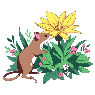 A teal shrew is standing on its hind legs, sniffing a large yellow flower in the center of a vibrant garden. The flower has wide petals that are spreading open, showcasing intricate details. Surrounding the flower, there are various green leaves and smaller flowers in different colors, creating a rich tapestry of nature. The shrew's small nose is almost touching the bloom, and its eyes are wide with curiosity. Sunlight filters through the garden, casting soft shadows across the scene.