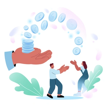 A person with hands outstretched is holding a large stack of coins. The coins appear to be flowing gracefully from the stack, creating a cascading effect. The recipient, a second person, is standing with hands cupped to catch the coins. The surrounding environment features lush greenery, accentuating the movement of the coins. The coins exhibit a shiny, metallic texture, reflecting light as they ascend through the air.