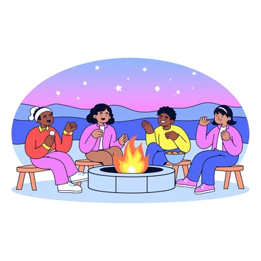 A circular fire pit made of stone, with glowing orange flames flickering inside. Surrounding the fire pit are four friends sitting on simple wooden benches, each holding a marshmallow on a stick. One friend is laughing while another gestures animatedly, as a third friend smiles and listens. A bowl of snacks sits on a small table beside them. Above them, a twilight sky is visible, transitioning from blue to deep purple, dotted with the first stars of the evening.