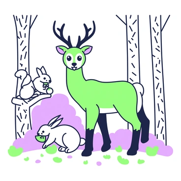 A deer stands gracefully on the forest floor, its large brown eyes looking curiously toward the viewer. Next to the deer, a rabbit with long ears is nibbling on some grass, its fur blending into the natural surroundings. Nearby, a small squirrel is perched on a low branch, holding an acorn in its tiny paws. The forest backdrop features tall trees with intricate patterns on their trunks, reaching high into the canopy. The ground is scattered with fallen leaves and small patches of grass, creating a natural habitat for these animals.
