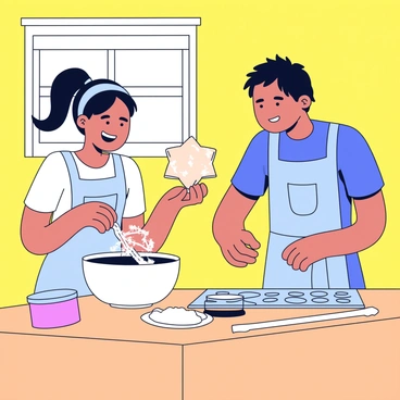 Bella Swan is standing at a wooden kitchen counter, mixing cookie dough in a large bowl. She has dark hair tied back and is wearing a light blue apron. Jacob is next to her, laughing, with flour dusted on his face and arms. He is holding a cookie cutter in the shape of a star. The kitchen has bright yellow walls and a window with sunlight streaming in. There are cookie sheets lined up on the counter, ready for baking, and a jar of chocolate chips is open nearby.