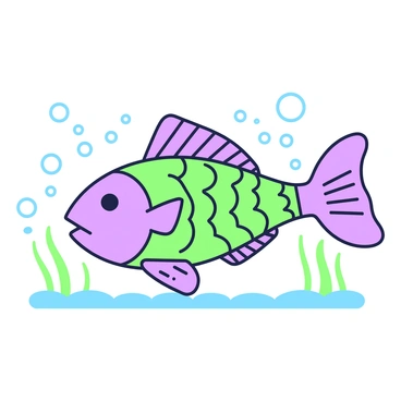 A fish is swimming in clear water, showcasing its unique scale patterns. The fish has a distinctive shape with intricate designs across its body. The scales reflect light, creating an interesting texture. Its fins are spread wide, adding to its dynamic movement. Bubbles trail behind the fish as it moves gracefully through the water, surrounded by aquatic plants swaying gently.