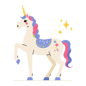 A carousel horse with a glossy white coat stands proudly. Its mane is a cascade of iridescent colors, flowing elegantly down its neck. The horse has beautiful, intricately painted patterns on its body, displaying vibrant shades of blue and pink. Atop its head rests a radiant, glowing horn that emits a soft light, casting a gentle glow around it. The horse's eyes sparkle with a magical allure, and its tail sways gracefully. Surrounding the unicorn are bursts of sparkling stars and shimmering dust, enhancing its enchanting presence.
