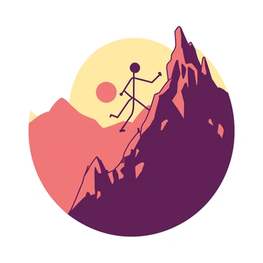 A stickman is ascending a steep mountain, using his arms and legs to grip the rocky surface. The mountain is rugged, with sharp edges and a textured appearance. In the background, the sun is setting, casting a warm glow that transitions from deep orange to soft yellow in the sky. The stickman's silhouette is outlined against this colorful backdrop, emphasizing the struggle and determination of the climb.