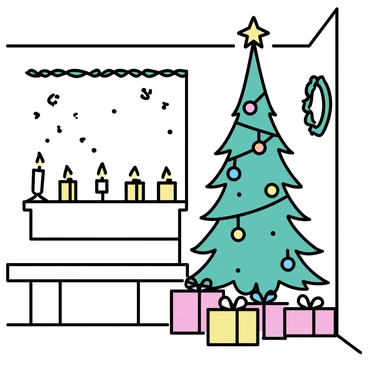 A Christmas tree adorned with colorful ornaments and twinkling lights stands in the corner of a small church. The tree is surrounded by wrapped gifts at its base. Glowing candles are placed on the wooden pews, casting a warm light throughout the space. The walls of the church are decorated with garlands and wreaths. Soft shadows dance across the floor, creating a cozy and inviting atmosphere.