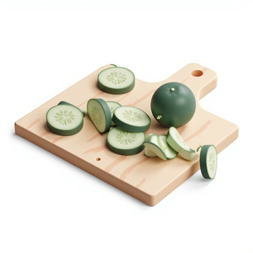 Several fresh green cucumber slices, with a glossy surface and small seeds visible, are scattered artistically across a rustic wooden cutting board. The board shows distinct wood grain patterns and occasional knots, enhancing its natural look. Soft natural light highlights the vibrant green color of the cucumbers, casting gentle shadows. Some slices are whole, while others are cut in half, showcasing their inner texture.