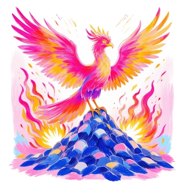 A phoenix with vibrant red and orange feathers rises majestically from a pile of gray ashes. Its wings are outstretched, showcasing intricate patterns within the plumage. Surrounding the phoenix are swirling flames, flickering and curling, emitting shades of gold and yellow. Sparks dance in the air as the fire illuminates the phoenix's fierce golden eyes. The scene captures the dynamic motion of the flames and the triumphant ascent of the mythical bird.