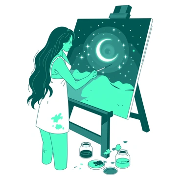 A teal woman with long flowing hair is standing in front of a large white canvas, focused on painting a vibrant starry night sky. She is holding a paintbrush in her right hand, and her left hand rests gently on the easel. Surrounding her are various jars filled with colorful paints, scattered on the ground beside her. The canvas displays swirling patterns of stars and a crescent moon, reflecting the beauty of the night above her. In the background, a dark blue sky is visible, dotted with bright stars, complementing the scene. The woman is wearing a white apron splattered with paint, emphasizing her dedication to her art.