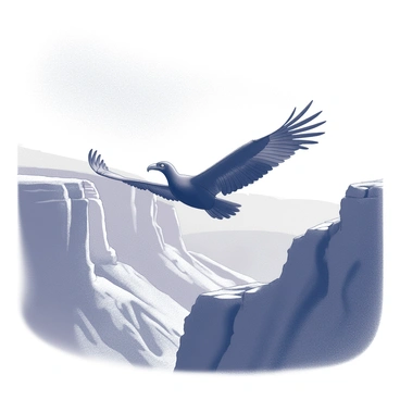 A California condor is soaring through the sky with its wings fully extended. The bird's large, dark silhouette is prominent against the backdrop of a canyon landscape. The canyon features steep rock formations and rugged cliffs, creating a dramatic contrast to the sky. The setting sun casts long shadows and highlights the contours of the canyon walls, adding depth to the scene. The overall atmosphere suggests the vastness of nature, with the condor gliding effortlessly above the canyon floor.