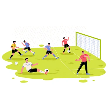 A muddy football field with puddles scattered throughout. Players in colorful jerseys are engaged in an intense match. One player is sliding on the ground, kicking the ball, while others are running and attempting to dodge each other. Raindrops are visible in the air, creating splashes as they hit the ground. The sky is overcast with dark clouds, enhancing the rain-soaked atmosphere. The players' faces show concentration and determination. A goalpost is positioned at one end of the field, partially obscured by the rain.