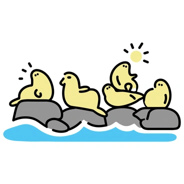 A group of seals lounging on various rocks along the edge of the ocean. The seals are depicted with smooth, flowing shapes, showcasing their rounded bodies and flippers. They are basking in the sunlight, some are resting while others are playfully interacting with each other. The rocky surface is textured and varies in shades of gray and brown, contrasting with the blue ocean waves gently lapping at the rocks. The sunlight creates soft shadows along the seals and rocks, enhancing the serene atmosphere of the scene.