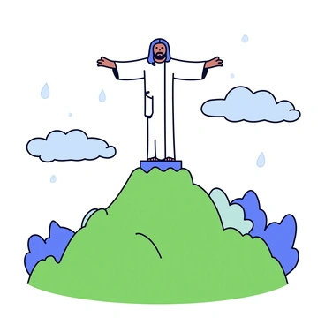 The "Christ the Redeemer" statue stands tall atop a lush green mountain. The statue is depicted with outstretched arms, showcasing its majestic presence against a cloudy sky. Raindrops gently fall around the statue, creating a shimmering effect as they hit the ground. The surrounding landscape is rich with vibrant greenery, and a light mist hangs in the air, enhancing the serene atmosphere. The statue is illuminated by soft light that contrasts with the gray clouds, emphasizing its iconic features.