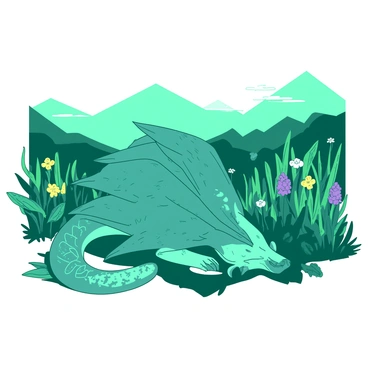 A teal mythical beast with intricate patterns on its scales is lying gracefully in a green lush valley. The beast has large, vibrant wings folded against its body, showcasing the elaborate designs on its scales. Surrounding the creature, the valley is filled with tall, verdant grass and colorful wildflowers. In the background, there are gently rolling hills, and the sky above is clear and bright. The sunlight casts soft shadows on the ground, highlighting the details of the beast's patterns and the surrounding flora.