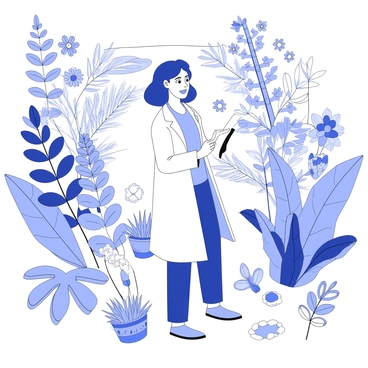 A researcher is standing among various plant species in a botanical garden. They are wearing a lab coat and holding a clipboard with notes. Surrounding them, there are numerous plants of different shapes and sizes, including tall ferns, colorful flowers, and small shrubs. The researcher is observing a specific plant closely, taking notes. In the background, there are pathways lined with garden beds, and a water feature with smooth stones can be seen. Sunlight filters through the leaves, casting shadows on the ground.