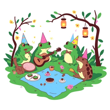 A vibrant scene features a group of green frogs and brown toads gathered together in a lush garden. The frogs are wearing colorful party hats, while the toads have small bow ties around their necks. Surrounding them are glowing orange lanterns hanging from branches, casting a warm light across the gathering. Some frogs are playing tiny instruments, like a miniature guitar and a small drum, while others are dancing joyfully on the grass. Flowers in various colors bloom around the area, adding a festive atmosphere to the party. A blue blanket is spread out on the ground, decorated with treats like small cakes and fruits.