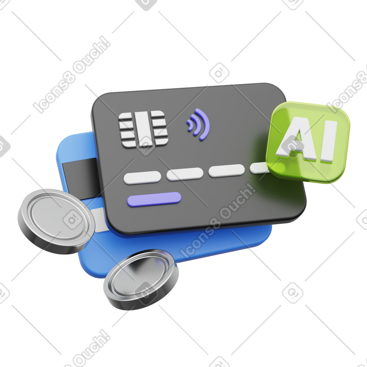 Ai 심볼과 코인이 담긴 신용카드, 지능형 금융, 디지털 뱅킹 illustration in 3D Playful style download in PNG, SVG