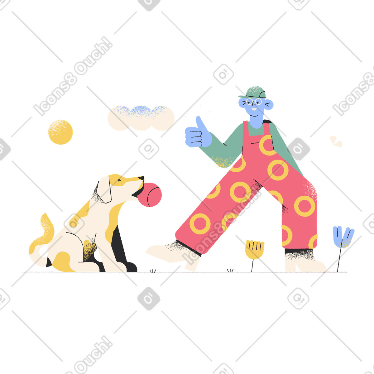 Pet owner encouraging dog with ball, Fun activity and leisure illustration in Pablo style download in PNG, SVG