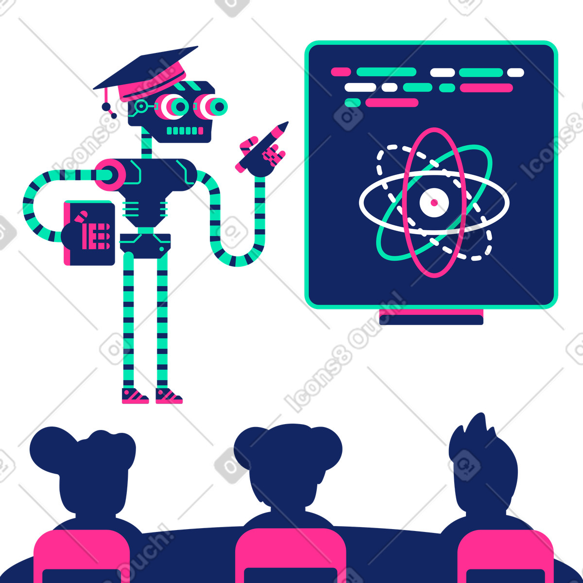 Ilustración Profesor robótico impartiendo una clase de ciencias en estilo Cyborg a descargar en PNG y SVG