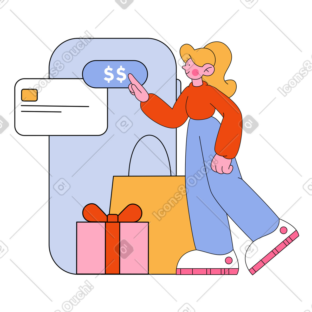 Bloom スタイルの スマートフォンでオンライン決済する女性 のイラストをPNG、SVG形式でダウンロード