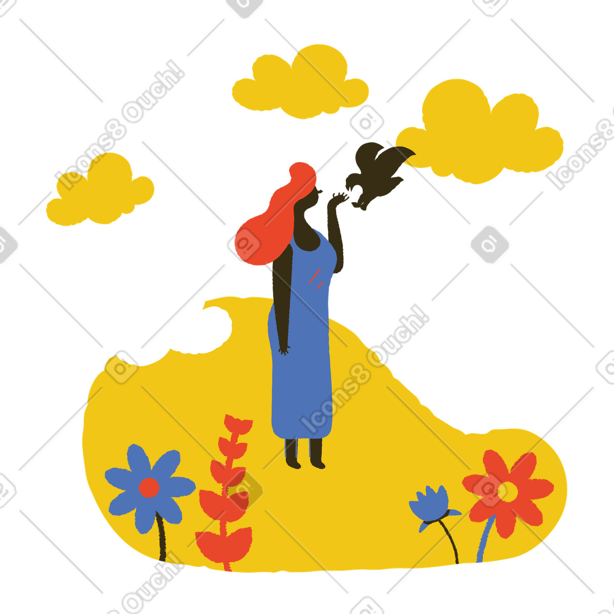 Ilustración Mujer alimenta a un pájaro de una mano en estilo Bermuda descargar en PNG y SVG