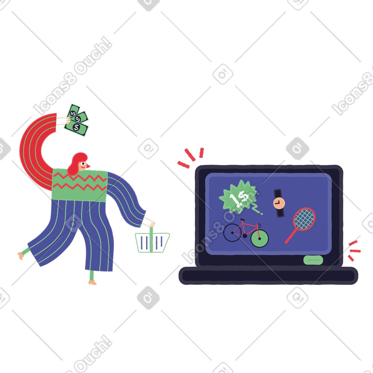 Illustration Une femme dépense de l'argent lors des soldes du black friday dans le style Stripy à télécharger aux formats PNG, SVG