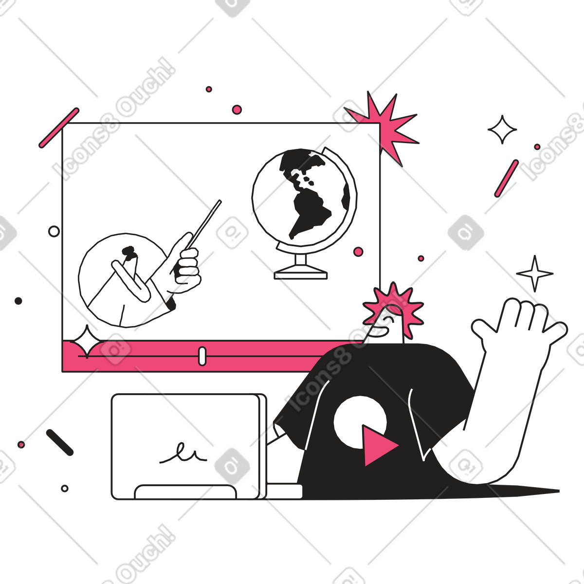 Pupil watching globe lesson on screen, Online study or distance learning illustration in Dazzle Line style download in PNG, SVG