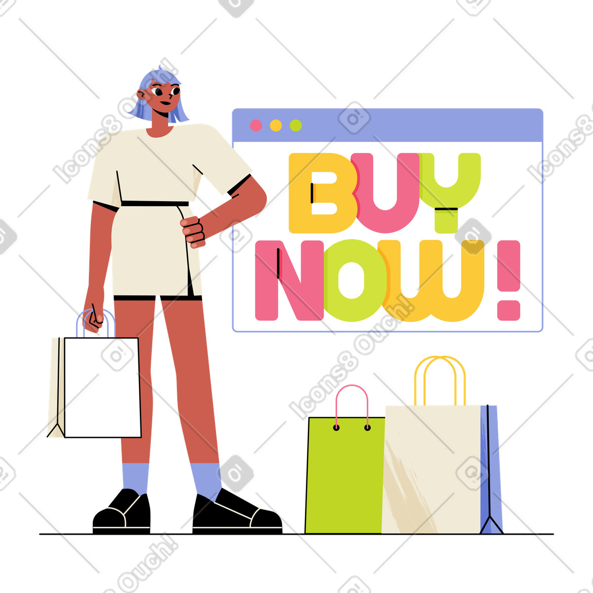 Illustration Lettrage achetez maintenant ! avec navigateur et sacs à provisions dans le style Juicy télécharger aux formats PNG, SVG